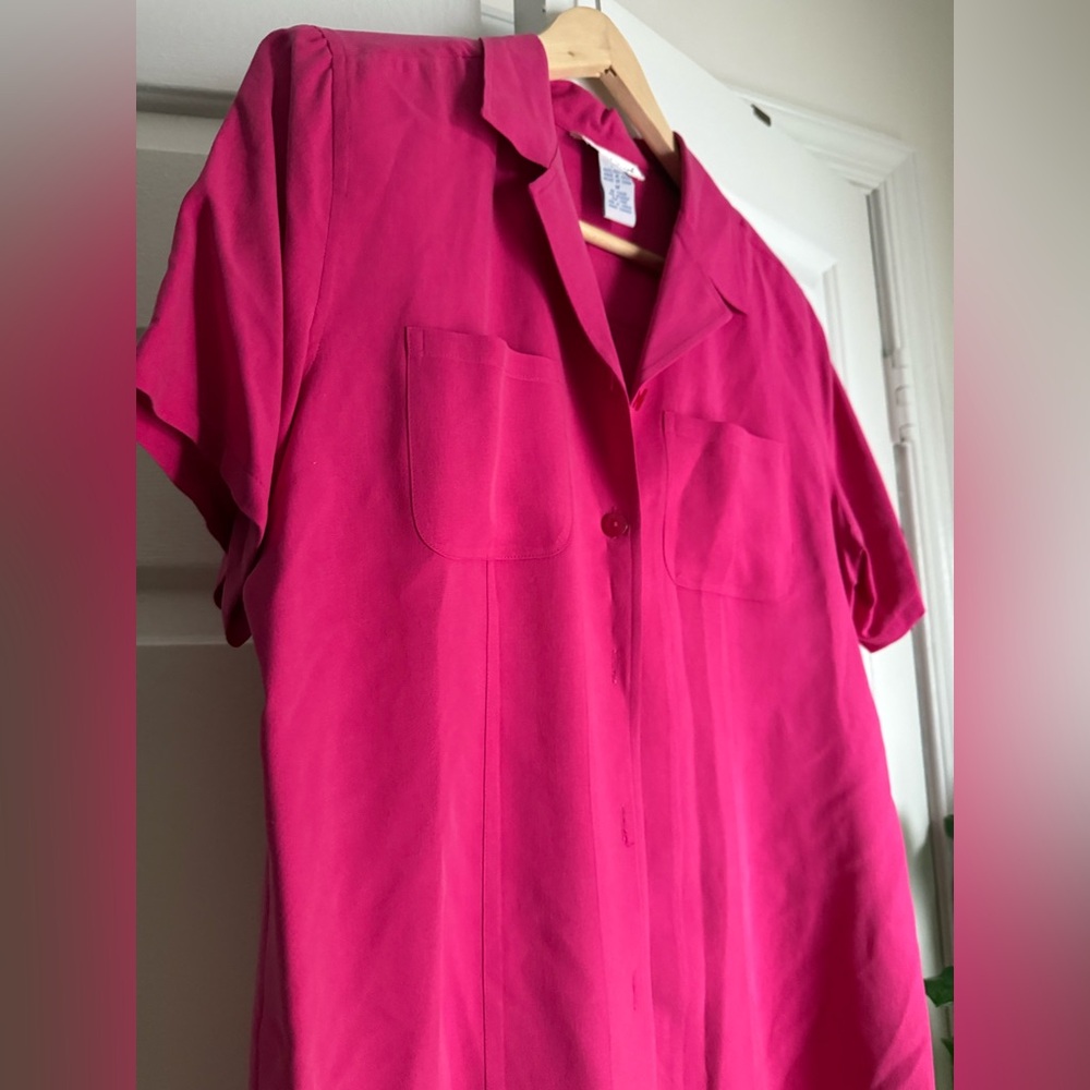 Vintage Anna and Frank Hot Pink/Fuscia Silk Button Down Sz M Pinkmas Retro Prep - Picture 3 of 8